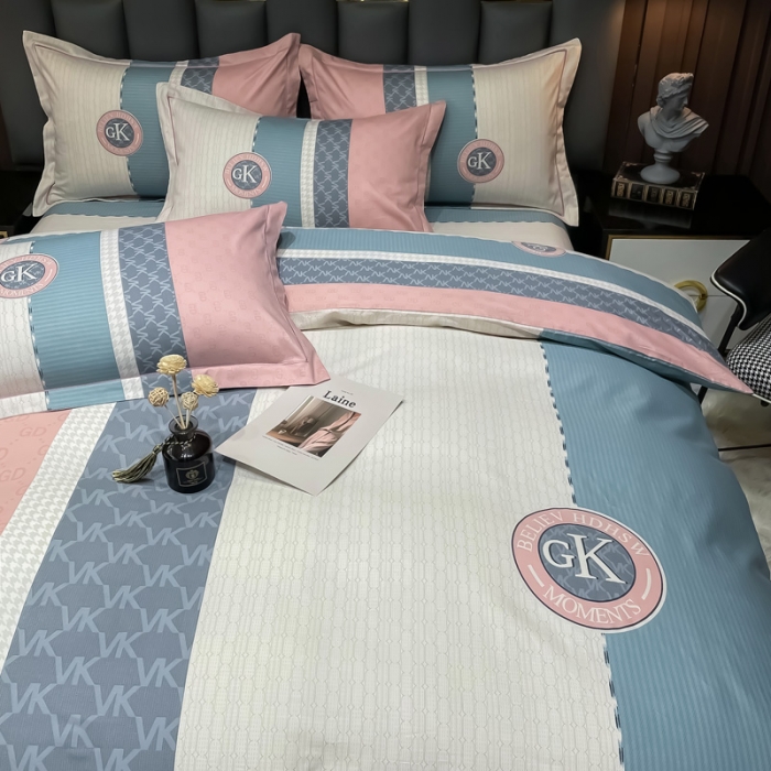 91家纺网 家纺一手货源 找家纺 金爱家 2023新款全棉13372简约条格四件套 帝诺粉