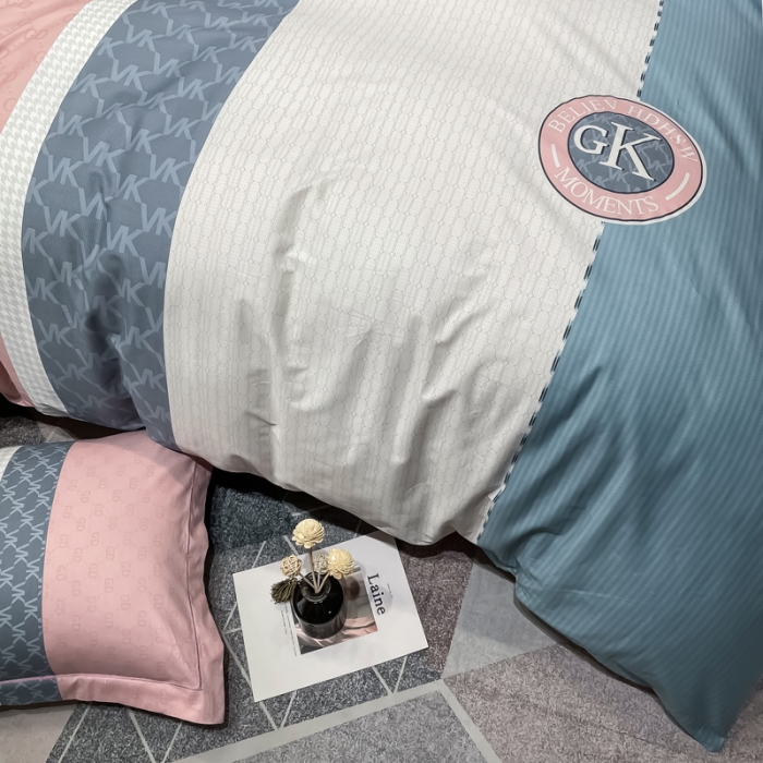 91家纺网 家纺一手货源 找家纺 金爱家 2023新款全棉13372简约条格四件套 帝诺粉