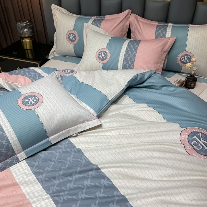 91家纺网 家纺一手货源 找家纺 金爱家 2023新款全棉13372简约条格四件套 帝诺粉