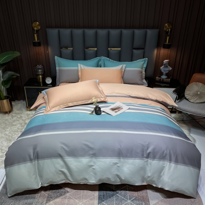 91家纺网 家纺一手货源 找家纺 金爱家 2023新款全棉13372简约条格四件套 丝韵绿