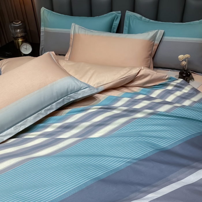 91家纺网 家纺一手货源 找家纺 金爱家 2023新款全棉13372简约条格四件套 丝韵绿