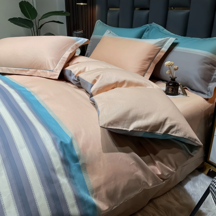 91家纺网 家纺一手货源 找家纺 金爱家 2023新款全棉13372简约条格四件套 丝韵绿