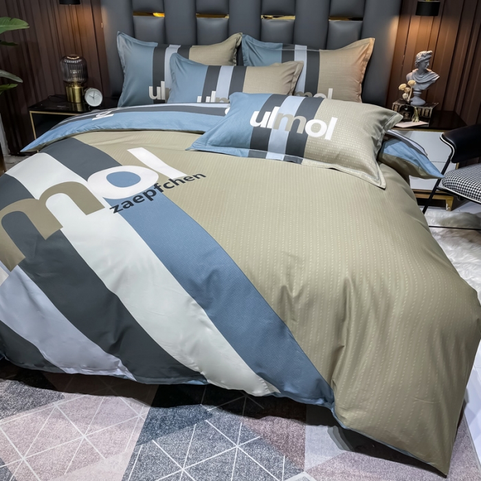 91家纺网 家纺一手货源 找家纺 金爱家 2023新款全棉13372简约条格四件套 苏黎世咖