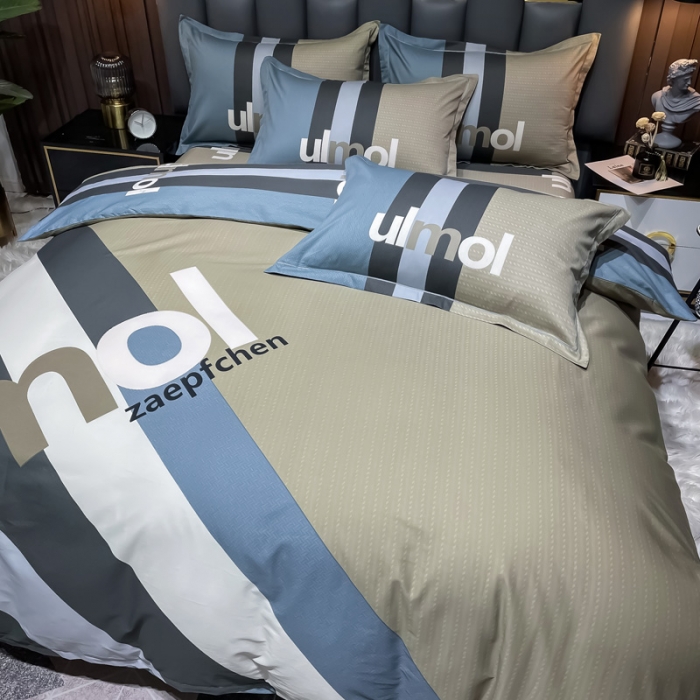 91家纺网 家纺一手货源 找家纺 金爱家 2023新款全棉13372简约条格四件套 苏黎世咖