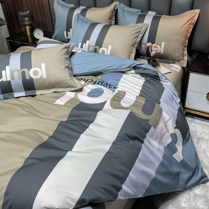 91家纺网 家纺一手货源 找家纺 金爱家 2023新款全棉13372简约条格四件套 苏黎世咖