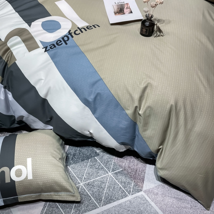 91家纺网 家纺一手货源 找家纺 金爱家 2023新款全棉13372简约条格四件套 苏黎世咖