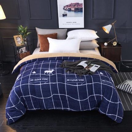 91家纺网 家纺一手货源 找家纺 梦莱发 2025新款羊羔绒双面绒冬被 蓝格