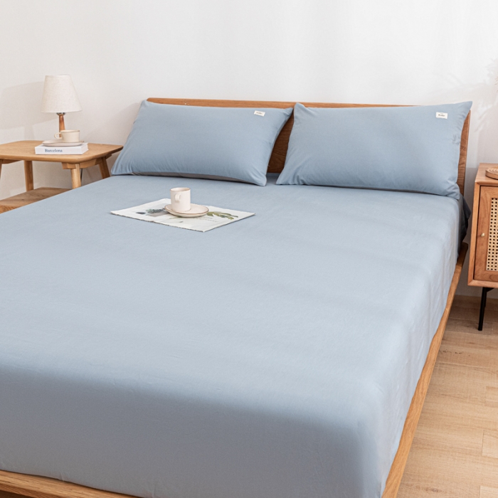 91家纺网 家纺一手货源 找家纺 蓝巢家纺 2022新款全棉色织水洗棉单床笠 湖蓝