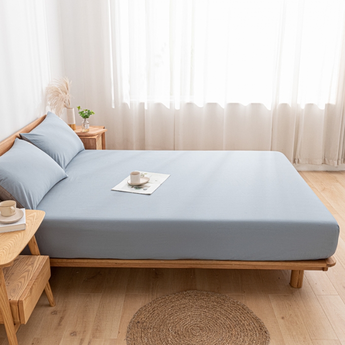 91家纺网 家纺一手货源 找家纺 蓝巢家纺 2022新款全棉色织水洗棉单床笠 湖蓝