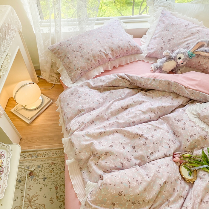 91家纺网 家纺一手货源 找家纺 琪格格纺织 2022新款水洗棉蕾丝褶皱花边款四件套 素雅