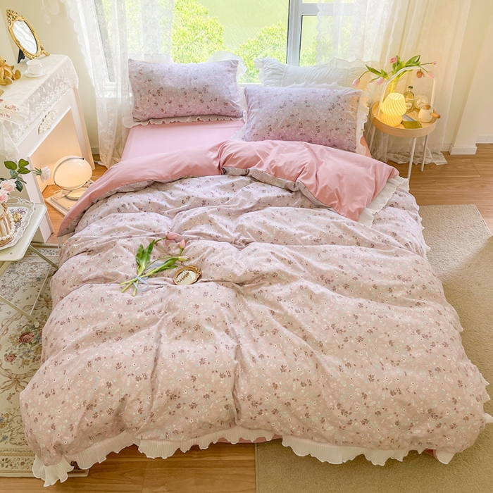 91家纺网 家纺一手货源 找家纺 琪格格纺织 2022新款水洗棉蕾丝褶皱花边款四件套 素雅