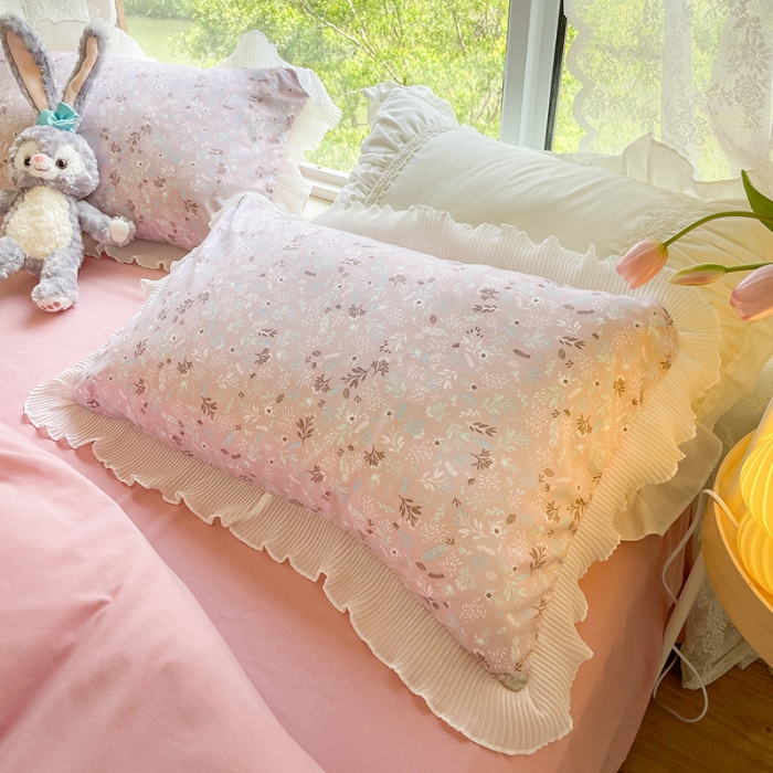 91家纺网 家纺一手货源 找家纺 琪格格纺织 2022新款水洗棉蕾丝褶皱花边款四件套 素雅