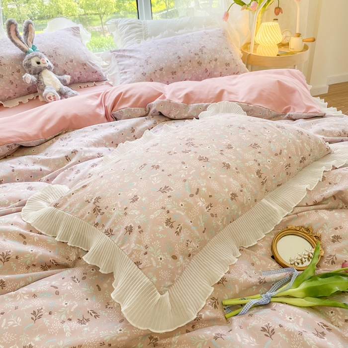 91家纺网 家纺一手货源 找家纺 琪格格纺织 2022新款水洗棉蕾丝褶皱花边款四件套 素雅