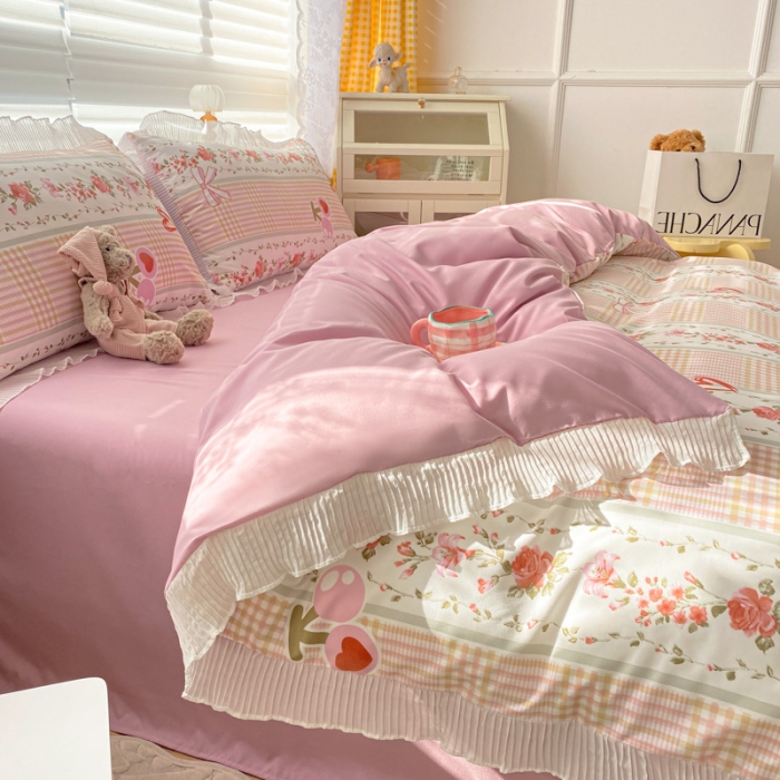 91家纺网 家纺一手货源 找家纺 琪格格纺织 2022新款水洗棉蕾丝褶皱花边款四件套 樱桃玫瑰