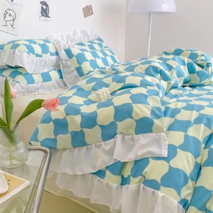 91家纺网 家纺一手货源 找家纺 花伞家居 2021新款韩版赫本风格子系列锦棉四件套 海盐饼干