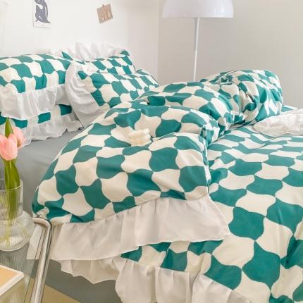 91家纺网 家纺一手货源 找家纺 花伞家居 2021新款韩版赫本风格子系列锦棉四件套 抹茶千层