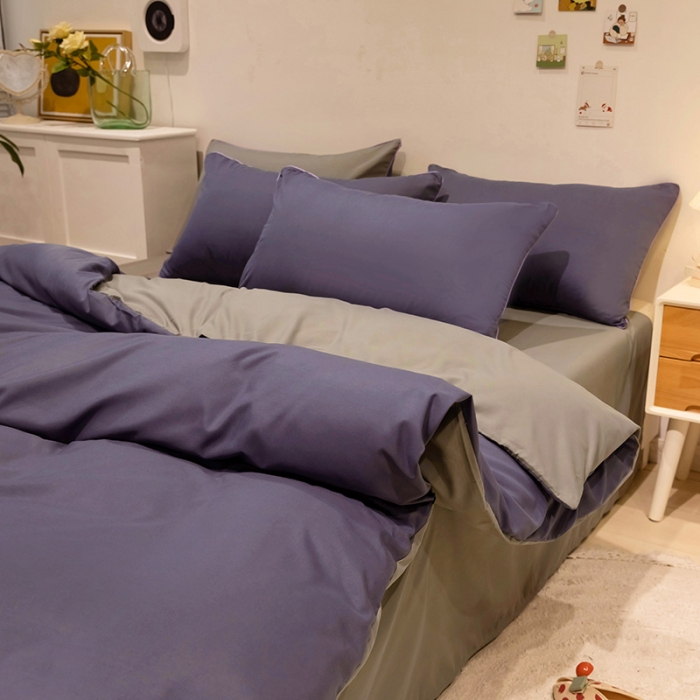 91家纺网 家纺一手货源 找家纺 蓝淋家纺 2022新款纯色双拼四件套 深色青+浅灰