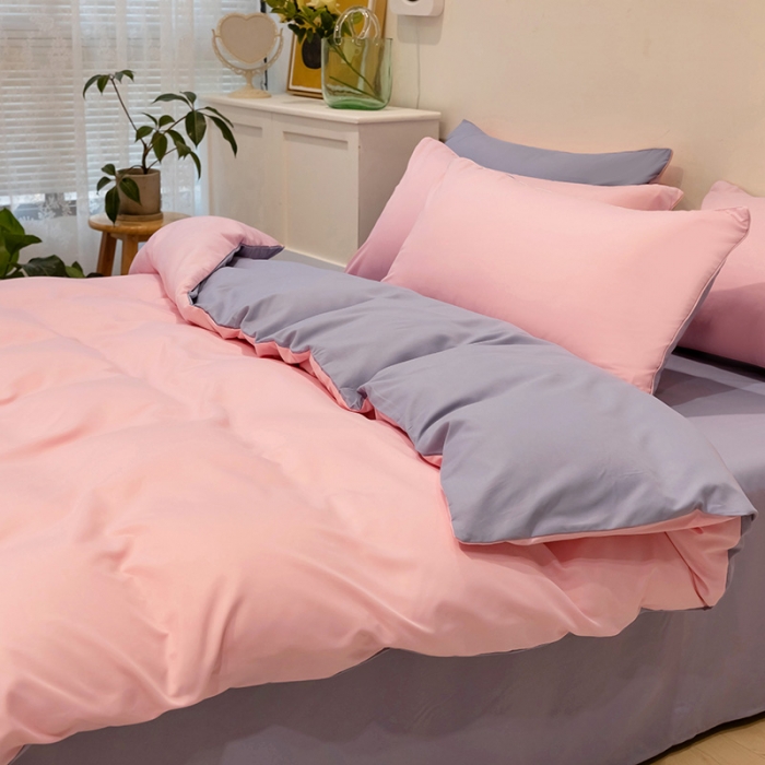 91家纺网 家纺一手货源 找家纺 蓝淋家纺 2022新款纯色双拼四件套 新玉色+浅灰