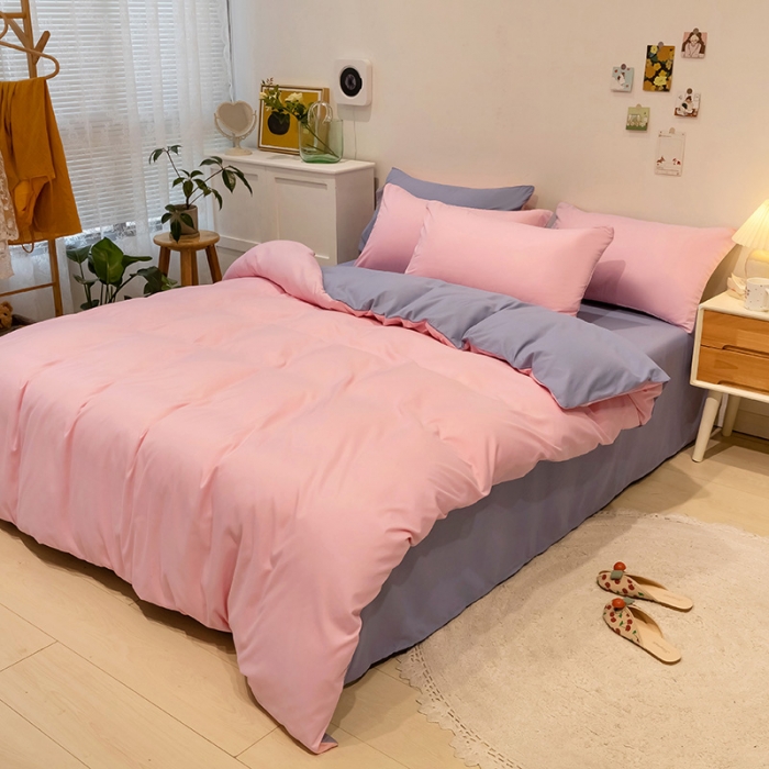 91家纺网 家纺一手货源 找家纺 蓝淋家纺 2022新款纯色双拼四件套 新玉色+浅灰