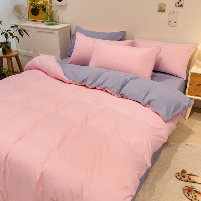 91家纺网 家纺一手货源 找家纺 蓝淋家纺 2022新款纯色双拼四件套 新玉色+浅灰