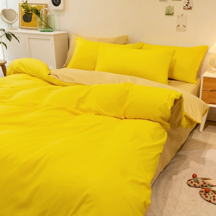 91家纺网 家纺一手货源 找家纺 蓝淋家纺 2022新款纯色双拼四件套 杏黄+浅驼