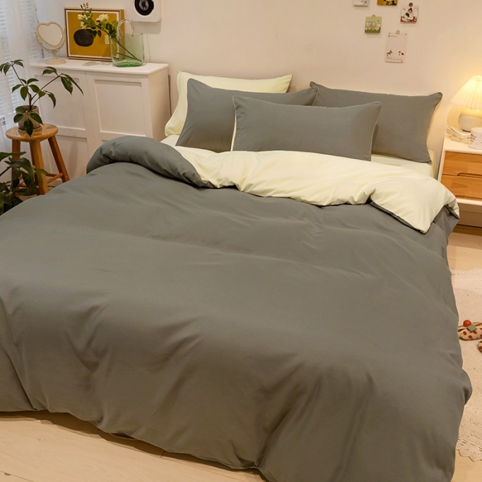 91家纺网 家纺一手货源 找家纺 蓝淋家纺 2022新款纯色双拼四件套 银灰+米黄