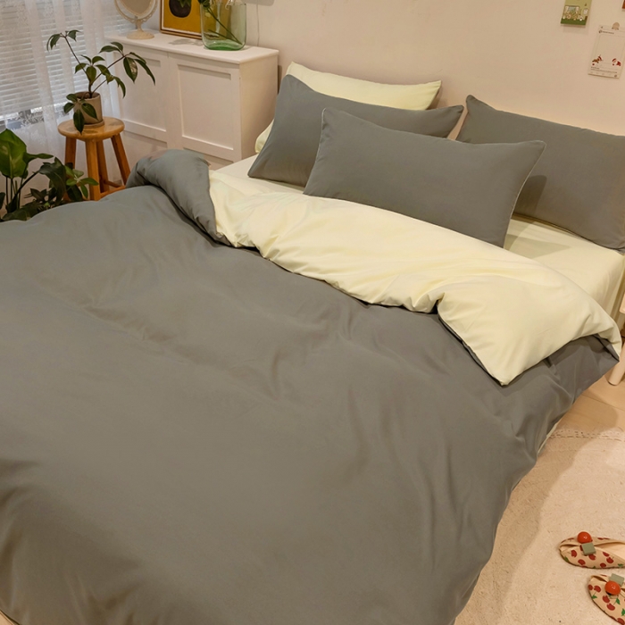 91家纺网 家纺一手货源 找家纺 蓝淋家纺 2022新款纯色双拼四件套 银灰+米黄