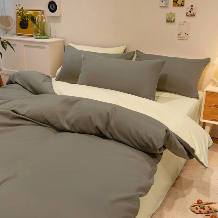 91家纺网 家纺一手货源 找家纺 蓝淋家纺 2022新款纯色双拼四件套 银灰+米黄