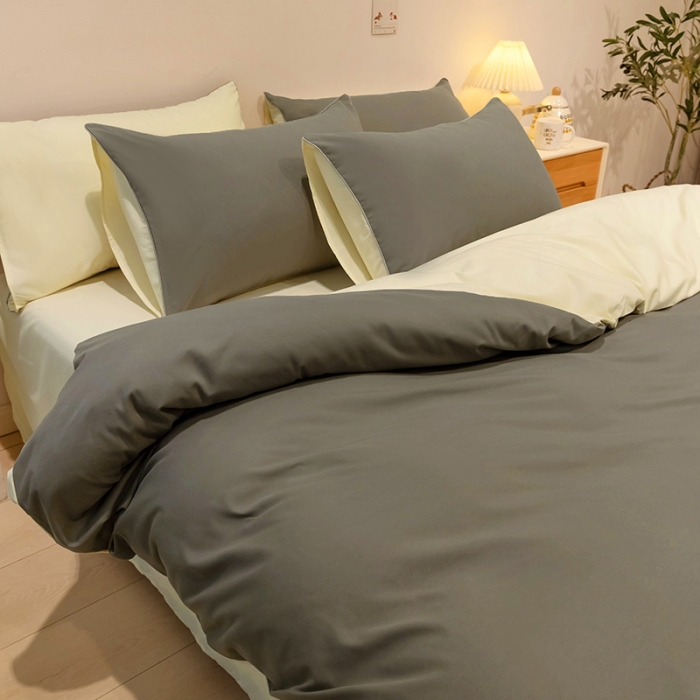 91家纺网 家纺一手货源 找家纺 蓝淋家纺 2022新款纯色双拼四件套 银灰+米黄