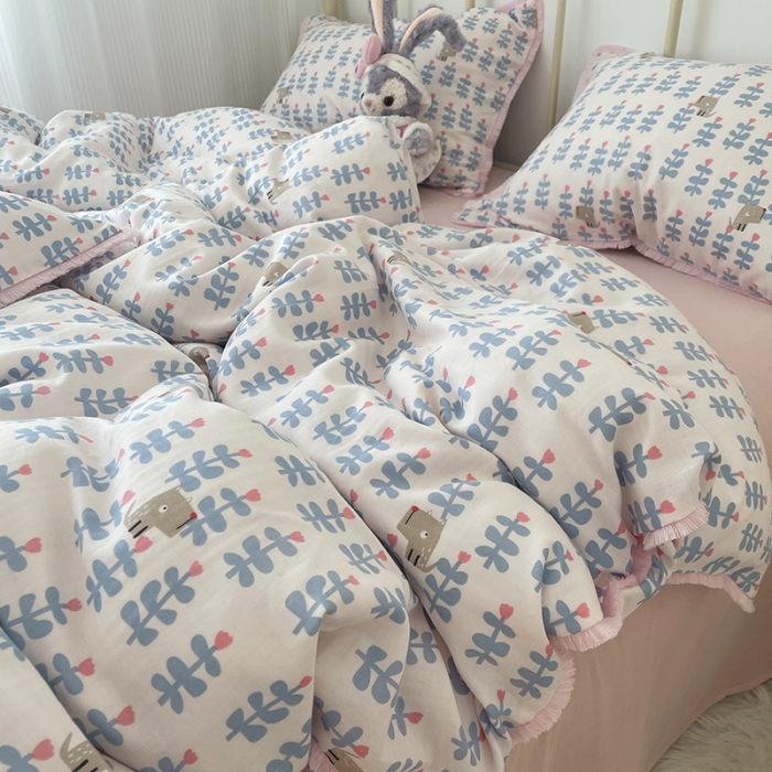 91家纺网 家纺一手货源 找家纺 千朵 2022新款全棉双层纱布四件套 花丛