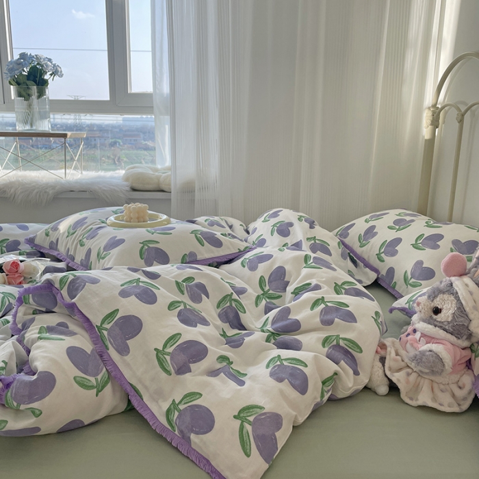 91家纺网 家纺一手货源 找家纺 千朵 2022新款全棉双层纱布四件套 紫苏叶