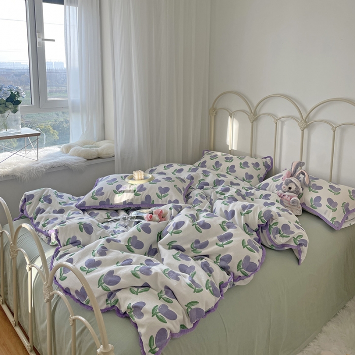 91家纺网 家纺一手货源 找家纺 千朵 2022新款全棉双层纱布四件套 紫苏叶