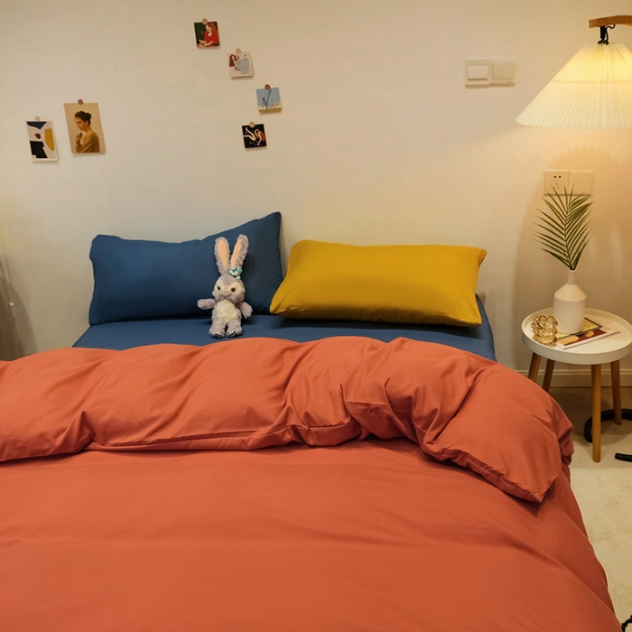 91家纺网 家纺一手货源 找家纺 蓝淋家纺 2022新款纯色简约四件套 橙色+宝蓝