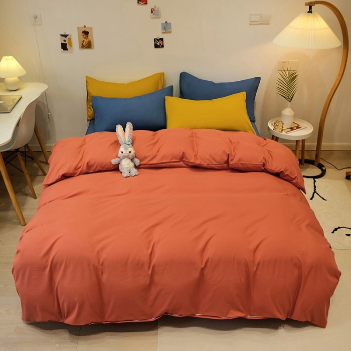 91家纺网 家纺一手货源 找家纺 蓝淋家纺 2022新款纯色简约四件套 橙色+宝蓝