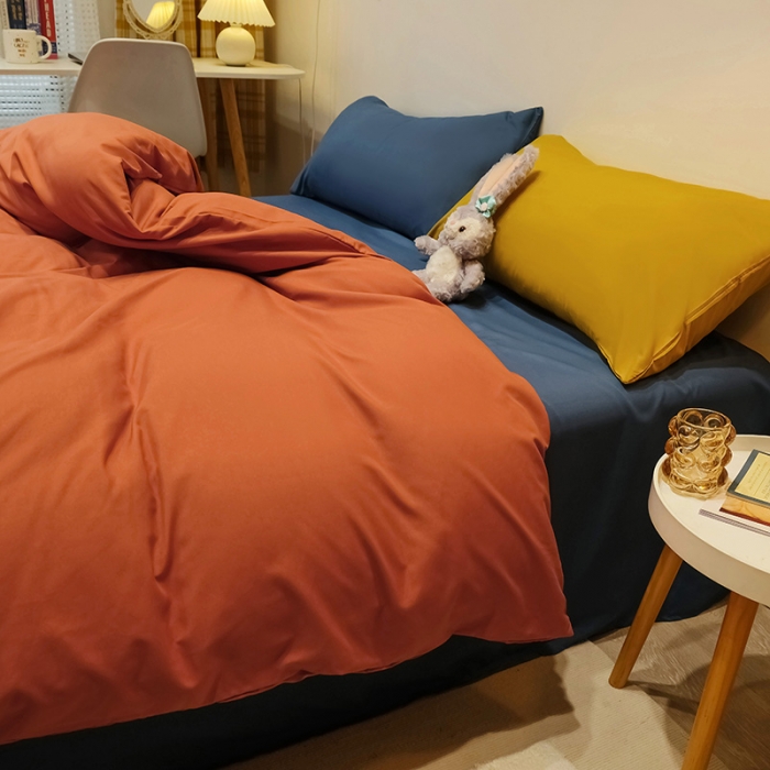91家纺网 家纺一手货源 找家纺 蓝淋家纺 2022新款纯色简约四件套 橙色+宝蓝