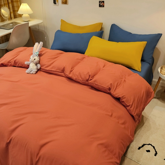91家纺网 家纺一手货源 找家纺 蓝淋家纺 2022新款纯色简约四件套 橙色+宝蓝