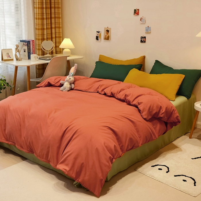 91家纺网 家纺一手货源 找家纺 蓝淋家纺 2022新款纯色简约四件套 橙色+豆绿