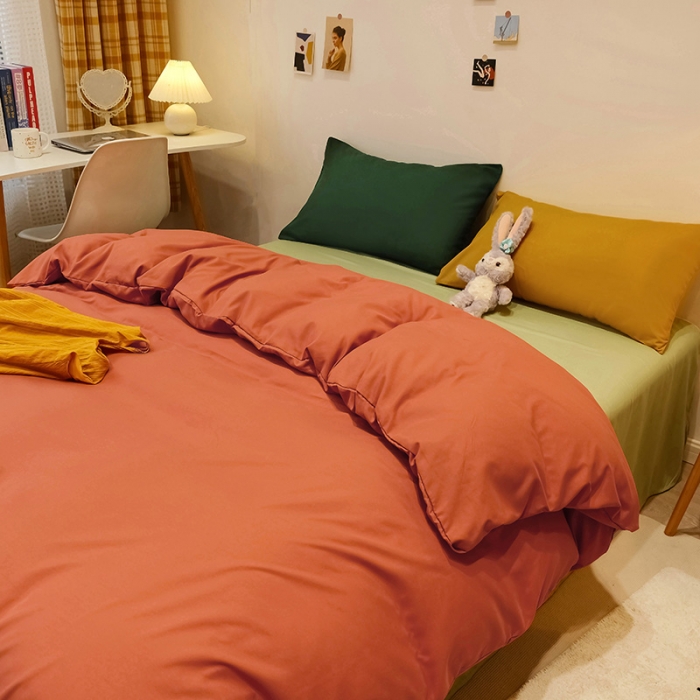 91家纺网 家纺一手货源 找家纺 蓝淋家纺 2022新款纯色简约四件套 橙色+豆绿