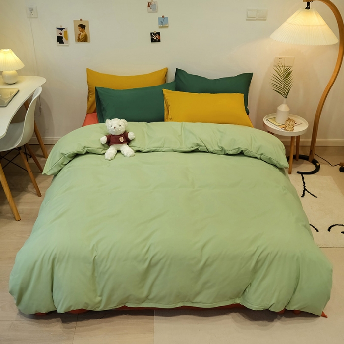 91家纺网 家纺一手货源 找家纺 蓝淋家纺 2022新款纯色简约四件套 豆绿+橙色