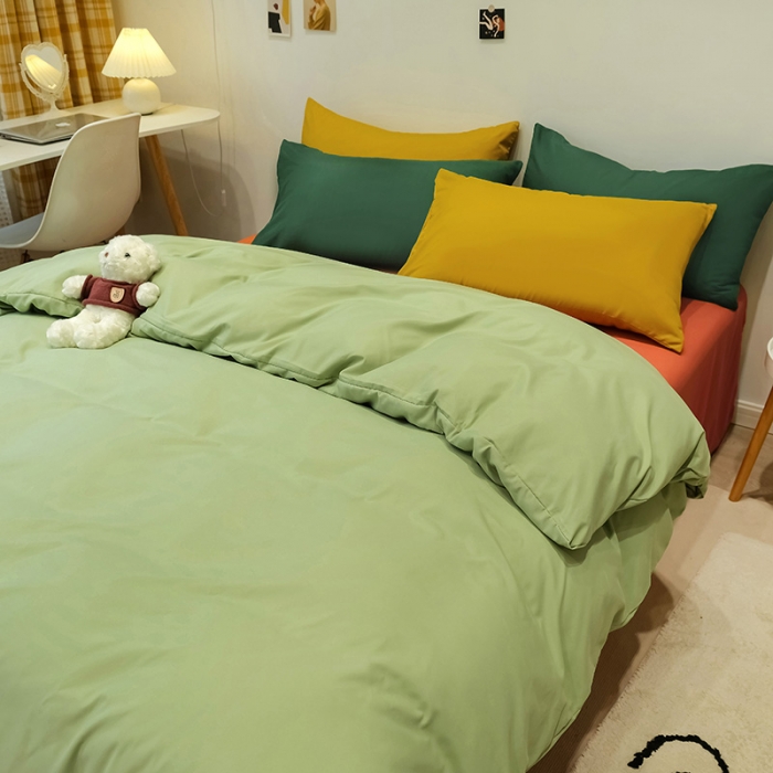 91家纺网 家纺一手货源 找家纺 蓝淋家纺 2022新款纯色简约四件套 豆绿+橙色