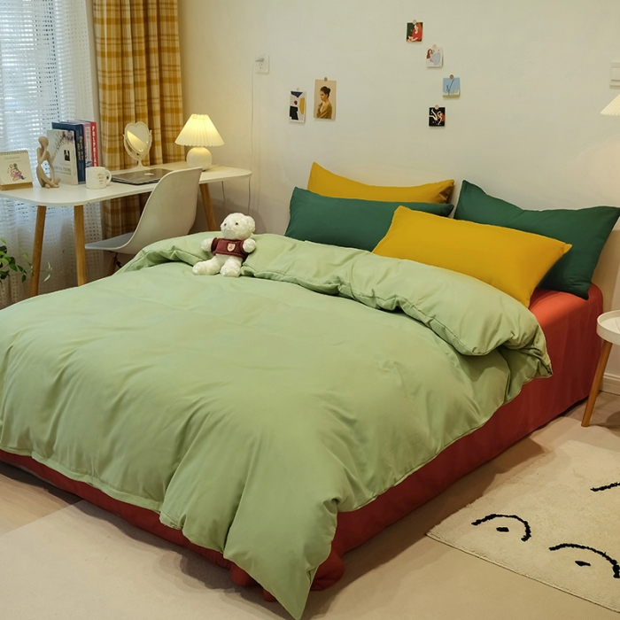 91家纺网 家纺一手货源 找家纺 蓝淋家纺 2022新款纯色简约四件套 豆绿+橙色