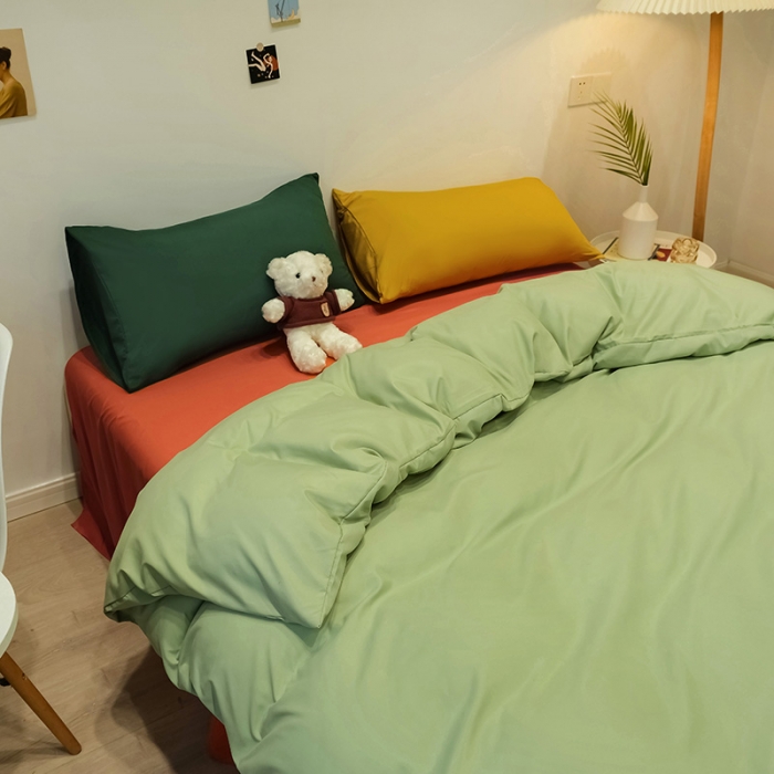 91家纺网 家纺一手货源 找家纺 蓝淋家纺 2022新款纯色简约四件套 豆绿+橙色