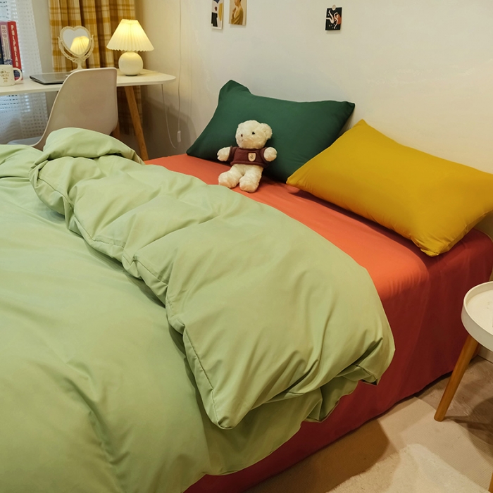 91家纺网 家纺一手货源 找家纺 蓝淋家纺 2022新款纯色简约四件套 豆绿+橙色