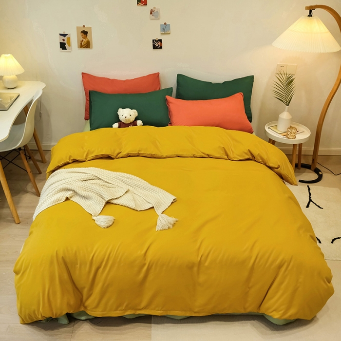 91家纺网 家纺一手货源 找家纺 蓝淋家纺 2022新款纯色简约四件套 芥末黄+豆绿