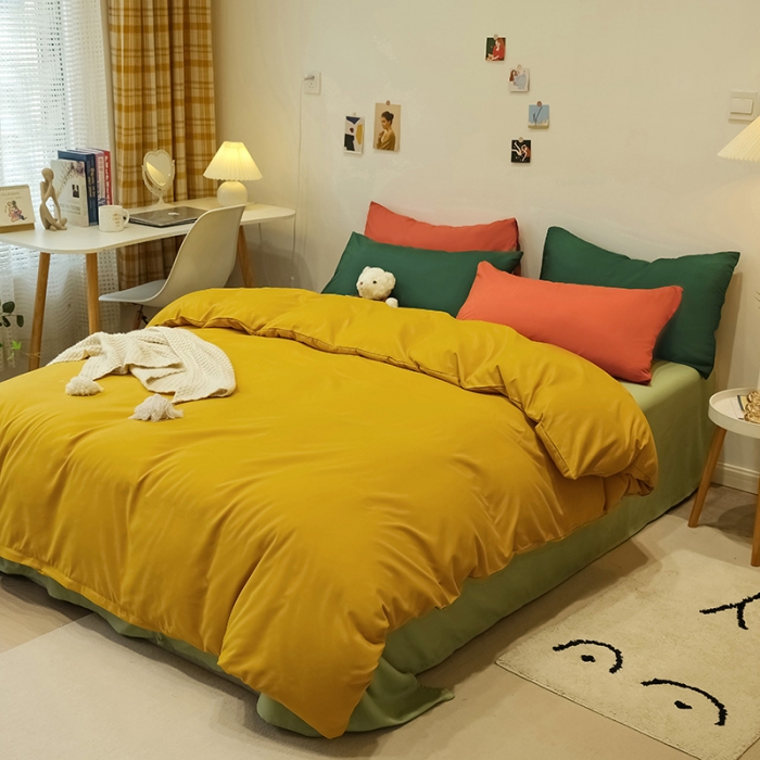 91家纺网 家纺一手货源 找家纺 蓝淋家纺 2022新款纯色简约四件套 芥末黄+豆绿