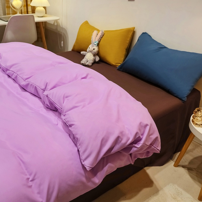 91家纺网 家纺一手货源 找家纺 蓝淋家纺 2022新款纯色简约四件套 罗兰紫+焦糖