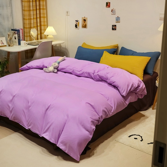 91家纺网 家纺一手货源 找家纺 蓝淋家纺 2022新款纯色简约四件套 罗兰紫+焦糖