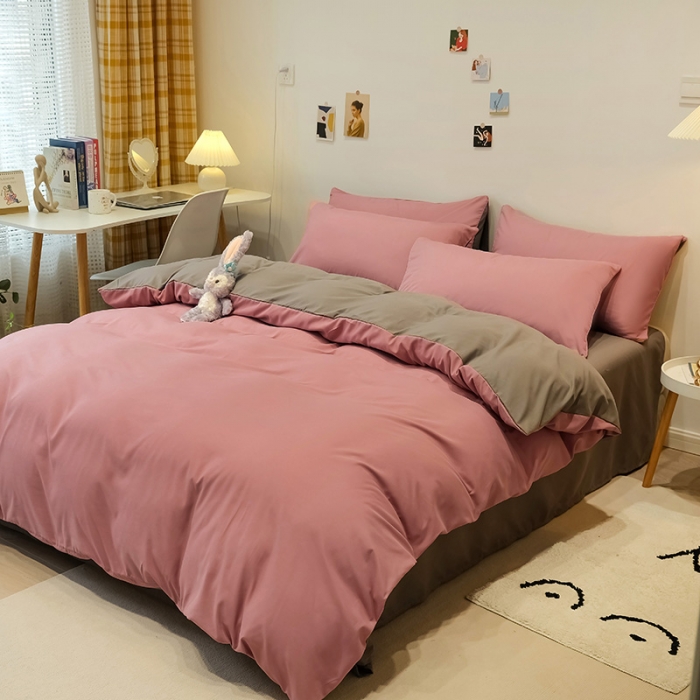 91家纺网 家纺一手货源 找家纺 蓝淋家纺 2022新款纯色简约四件套 浅豆沙+浅灰