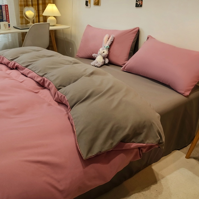 91家纺网 家纺一手货源 找家纺 蓝淋家纺 2022新款纯色简约四件套 浅豆沙+浅灰