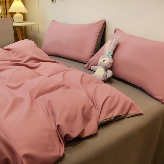 91家纺网 家纺一手货源 找家纺 蓝淋家纺 2022新款纯色简约四件套 浅豆沙+浅灰